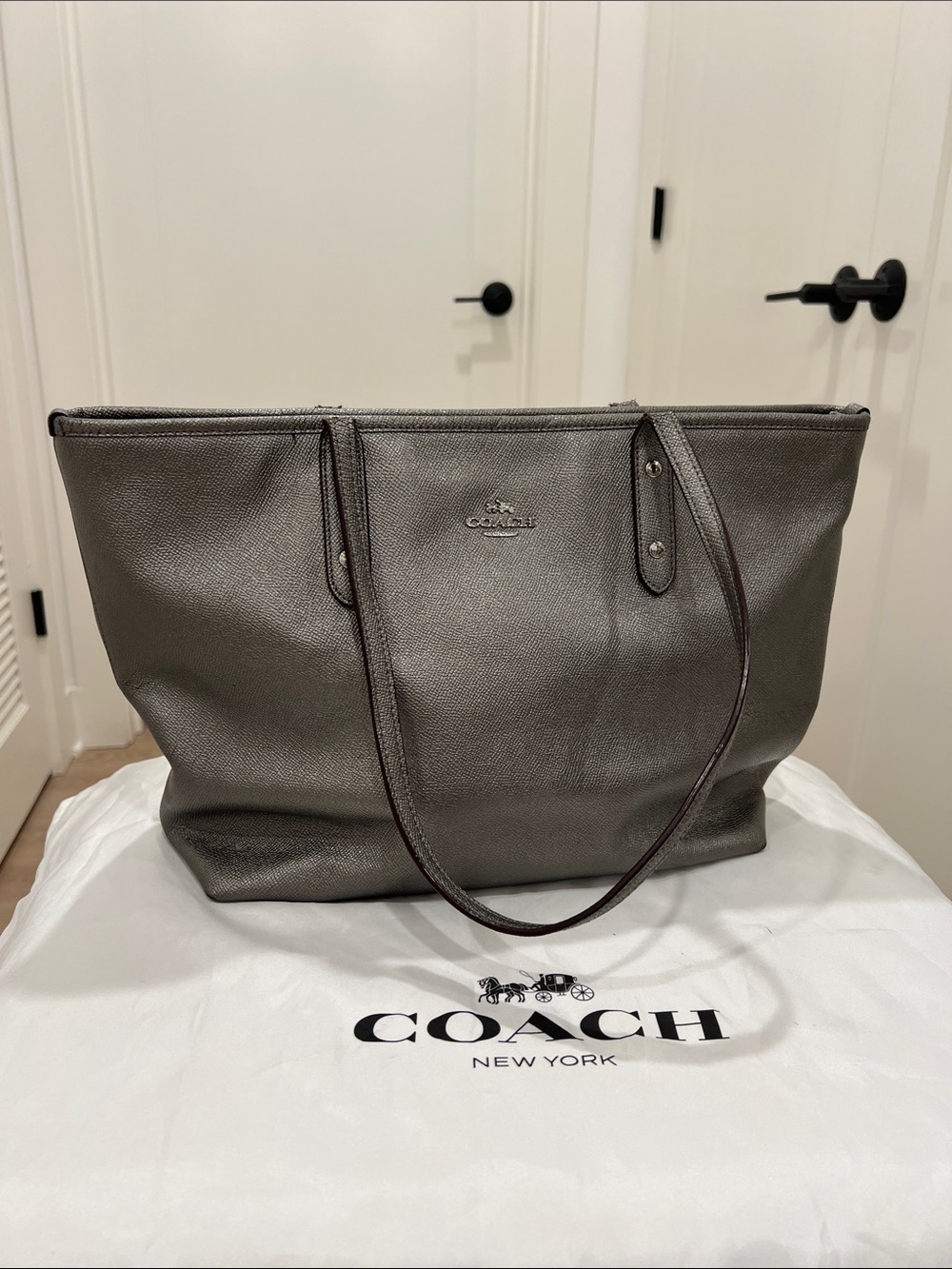 Coach Metallic Gray Saffiano Leather Tote